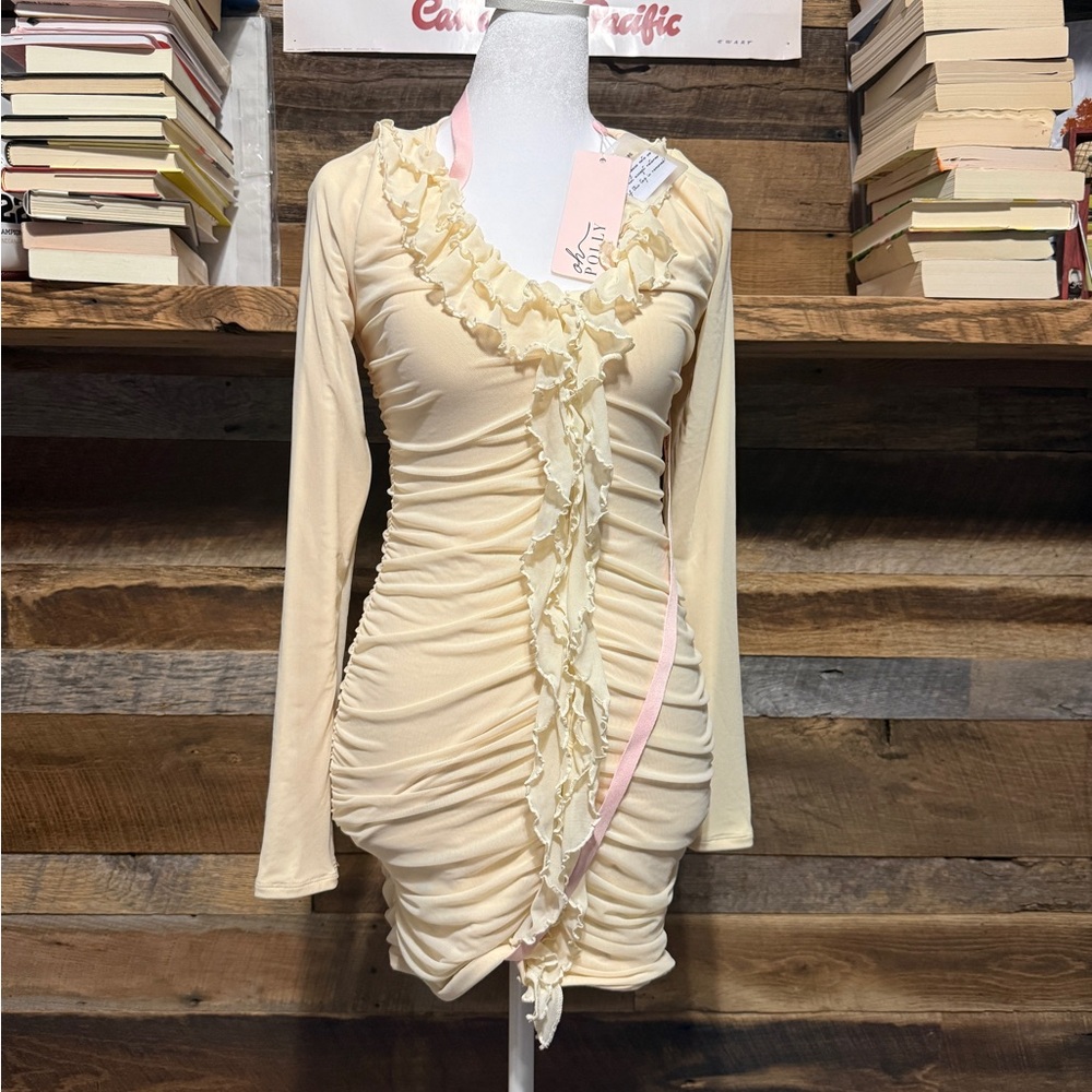 Oh Polly Ruffled Long-Sleeve Ruched Mini Dress - Cream - NWT